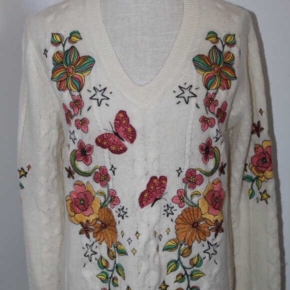 Johnny Was Biya JWLA Embroidered V-Neck Sweater Pullover Wool Cashmere M - Picture 2 of 7